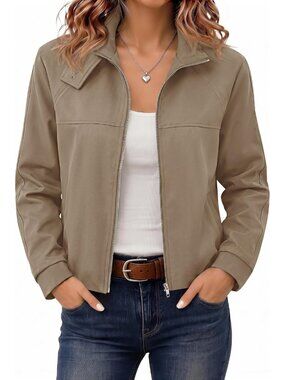 🆕Women’s Light Brown Cropped Zip Up Jacket Funnel Neck Bubble Back Moto Coat